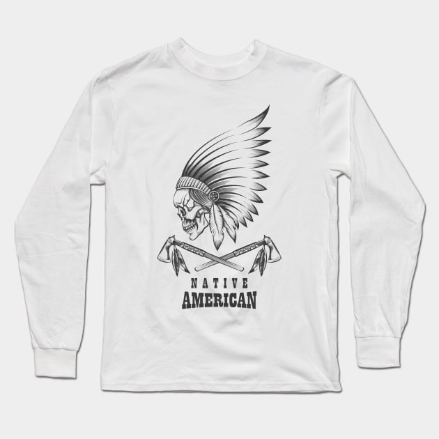 Indian Skull with Tomahawk Emblem Long Sleeve T-Shirt by devaleta